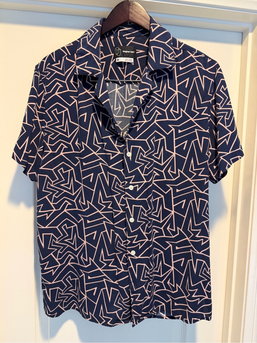 50s Style Original Use Navy & Pink Atomic Geometric Open Collar Rayon Shirt